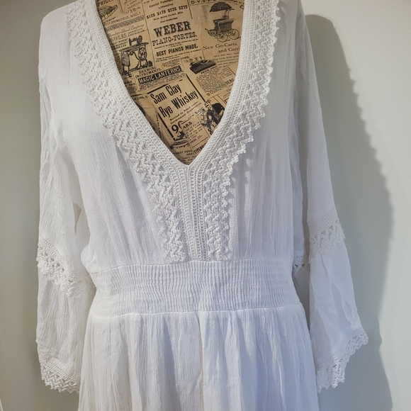 Cute Options White Lace Trim Midi Dress V- Neck  Large - Picture 2 of 14